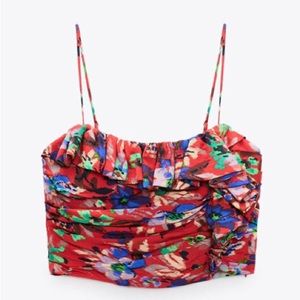 ZARA Red Floral Print Ruffled Corset Top